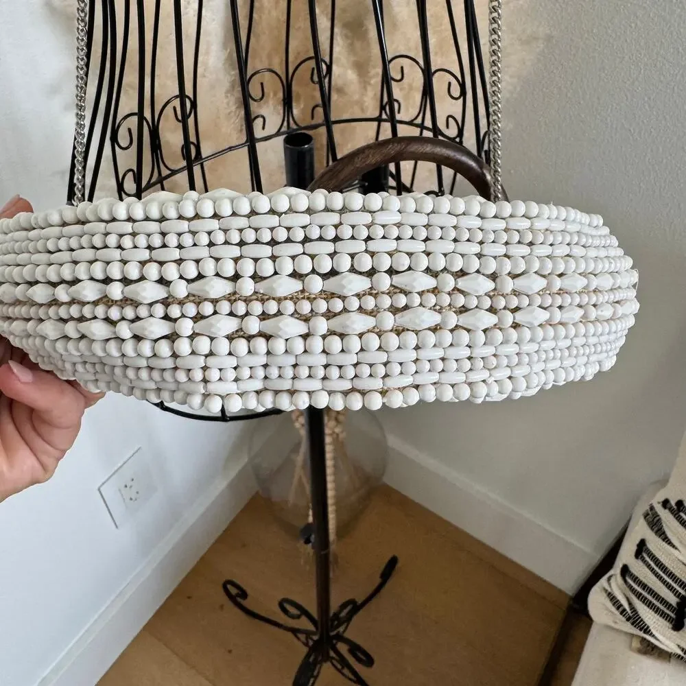 ZARA White Beaded Boho Half Moon Wooden Top Handle Convertible Bag Chain Strap - Picture 3 of 10